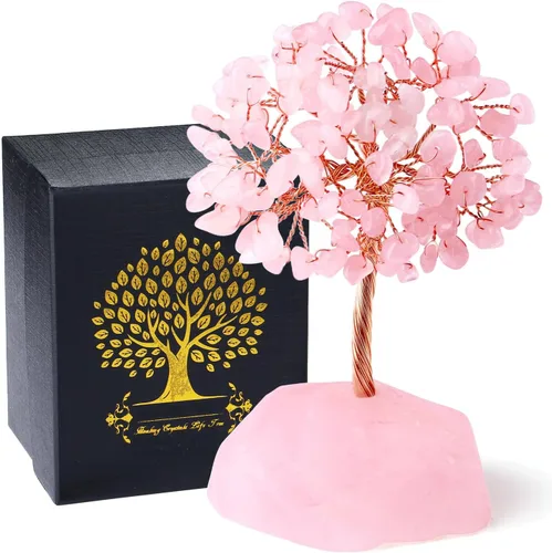 QINJIEJIE Árbol de cristal de cuarzo rosa, cristales curativos, decoración de escritorio rosa, árbol de piedras preciosas naturales, base de alambre