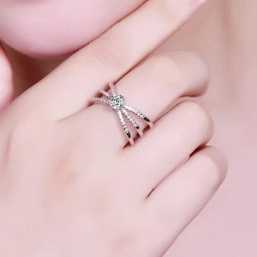 Miniatura 43 de Narica Anillo de 21 piedras chapadas en plata, apilables, corte redondo, zafiro azul, circonita cúbica, relleno de circonita cúbica, halo