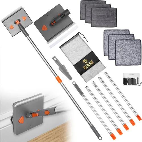Herramienta limpiadora de zócalo de 85 pulgadas con mango y ganchos, limpiador de pared giratorio de 180° con diseño convexo, mopa de pared con 6