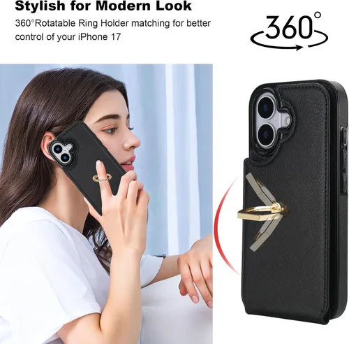 Miniatura 3 de Folosu Funda compatible con iPhone 17 con soporte para tarjetas, rotación de 360°, soporte de anillo de dedo con función atril, bloqueo RFID