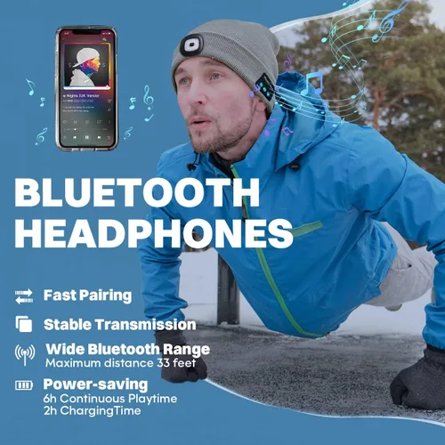 Miniatura 3 de Bosttor Gorro Bluetooth con luz, gorro para faros delanteros con auriculares y micrófono de altavoz integrado, regalos para hombres, mujeres