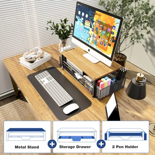 Miniatura 6 de OPNICE - Organizadores y accesorios de escritorio, con soporte de monitor de computadora de 2 niveles, cajón y 2 soportes para bolígrafos, Roble