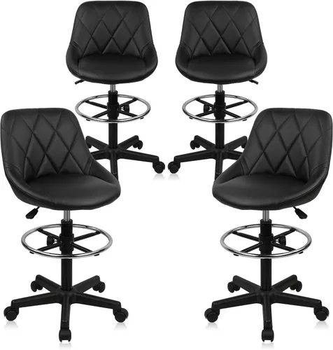 Miniatura 9 de KLASIKA Taburete alto con ruedas de dibujo con soporte de respaldo bajo y anillos ajustables para reposapiés, juego de 2 sillas de escritorio negro