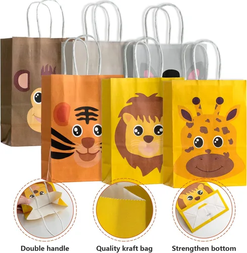 Miniatura 3 de kulusion Paquete de 18 bolsas de dulces de animales de safari para fiesta de cumpleaños con asas, suministros de fiesta temática de selva, bolsas
