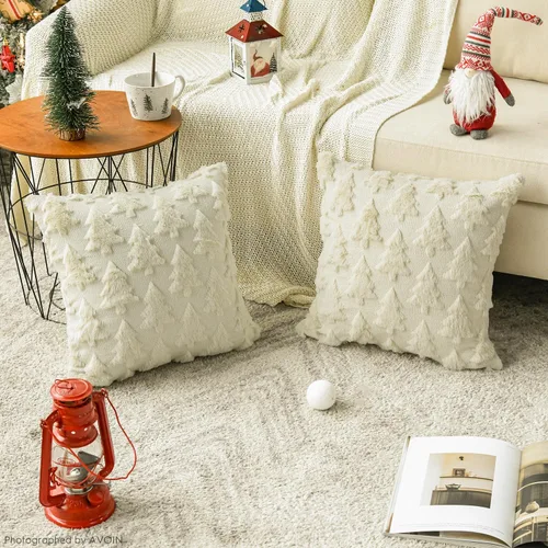 Miniatura 3 de AVOIN colorlife Juego de 2 fundas de almohada beige con árbol de Navidad, 16 x 16 pulgadas, felpa suave, piel sintética, jacquard, festivales
