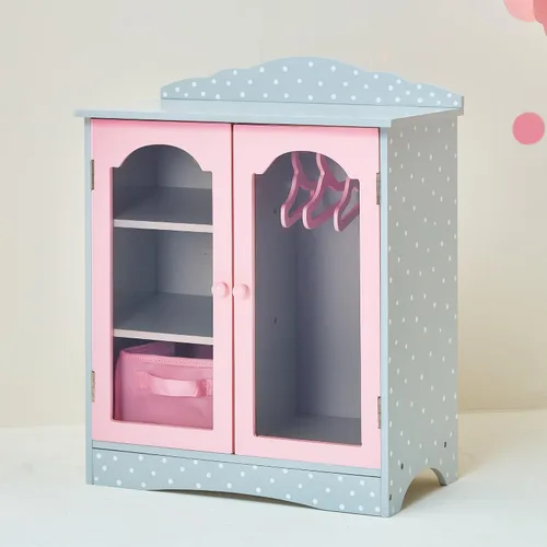 Miniatura 2 de Olivia's Little World Armario doble de madera estilo coctelera de lunares para armarios de muñecas de 18 pulgadas con puertas con ventana, tres