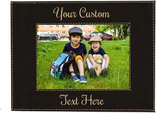 Miniatura 4 de Marco de fotos de piel sintética de cuero sintético grabado para añadir tu texto personalizado para colgar o en la mesa, marco de fotos familiares