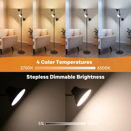 Miniatura 5 de SIBRILLE Lámpara de pie LED, lámpara de pie moderna de 36 W con control remoto y táctil, 4 temperaturas de color, lámpara de pie con 3 luces Negro