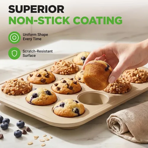 Miniatura 3 de NutriChef Moldes antiadherentes para magdalenas de 12 tazas para cupcakes, molde de 2 piezas para cupcakes, bandeja apilable de acero al carbono