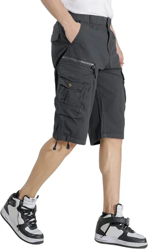 Miniatura 4 de Pantalones cortos cargo con cintura elástica para hombre, con bolsillo con cremallera, ajuste relajado, elásticos, ligeros, de algodón
