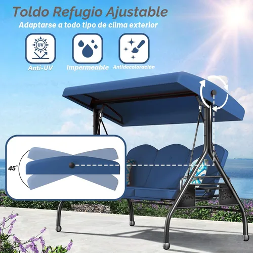 Miniatura 2 de ZZW Columpio de patio para porche al aire libre de 3 asientos con soporte de 800 libras, cama columpio convertible 2 en 1 con toldo ajustable