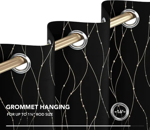 Miniatura 5 de Deconovo - Cortinas opacas con diseño dorado estampado y ojales, negro, de 42 pulgadas de ancho x 45 pulgadas de largo