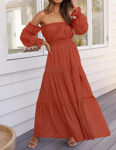 Miniatura 43 de ZESICA - Vestido largo, bohemio y sexy, con hombros descubiertos y manga larga fruncida, con elástico fruncido, cintura alta y abertura lateral