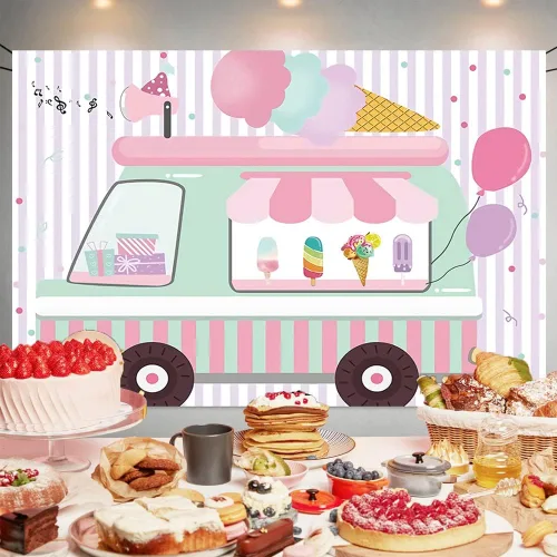 Miniatura 2 de Cartel de fondo con temática de camión de helados, pancarta de fondo de fotografía de cumpleaños para bebés y niñas, decoración de fondo para tartas