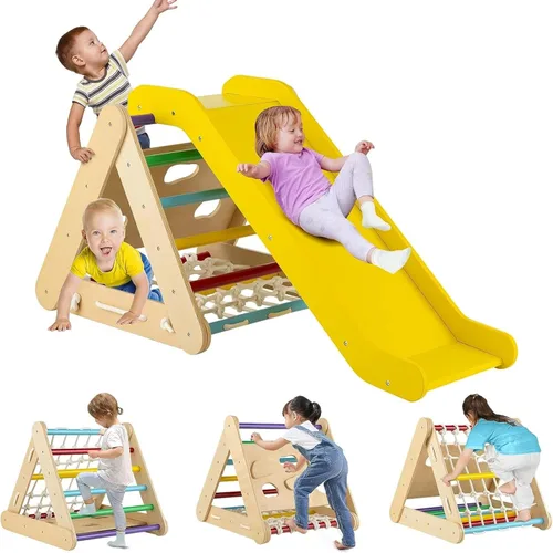 Costzon - Juguete escalador de madera 4 en 1 para niños pequeños, escalador triangular con rampa deslizante, tabla y red para escalar, juguete