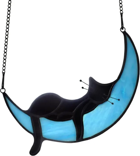 Miniatura 8 de BOXCASA Atrapasoles de Vidrio Emplomado Hecho a Mano de Gato Gris en Luna - Colgante Decorativo para Ventana para Amantes de los Gatos, Día
