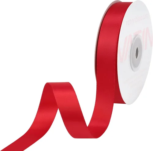 VATIN Cinta de Satén Rojo Intenso de Doble Cara 5/8" Continua 25 Yardas, Cinta de Tela de Poliéster Roja para Lazos, Ramos, Envoltura de Regalos,