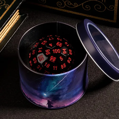 Miniatura 2 de Dados poliédricos mejorados de 100 caras (D100), 1.969 in, fuente negra/roja, dado único, dados de juego D&D, lata de almacenamiento de metal