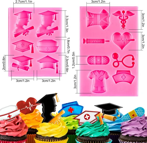 Miniatura 2 de Whaline Paquete de 2 moldes de silicona para fondant con temática de graduación de enfermera, equipo médico, equipo médico, molde de caramelo, molde