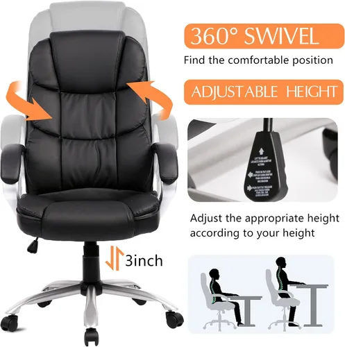 Miniatura 6 de PayLessHere Silla de oficina ergonómica de respaldo alto ejecutivo silla de escritorio con silla giratoria ajustable de piel sintética con Negro