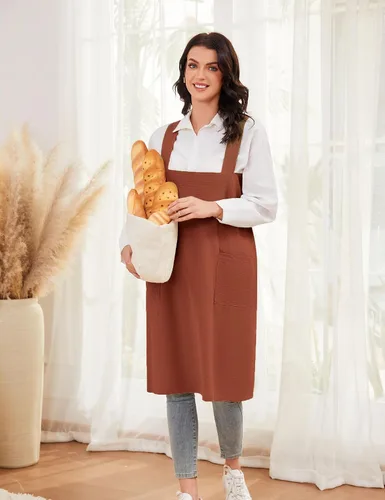 Miniatura 6 de Schine Pinafore de algodón con espalda cruzada para mujer, con bolsillos grandes, prácticos delantales para trabajos de jardinería, cocina, Naranja