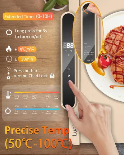 Miniatura 3 de Tapete de calentamiento de alimentos, calentador eléctrico enrollable de alimentos, 10 niveles de temperatura y temporizador de 10 horas, bandeja