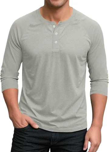 Miniatura 13 de Ctreela Camiseta Henley de manga 3/4 para hombre, estilo casual, ajustada, color sólido, manga larga, camiseta de béisbol Caqui