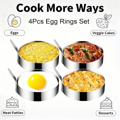 Miniatura 4 de Juego de 4 anillos de huevo antiadherentes de 3.5 pulgadas, construcción de acero inoxidable con mango estilo pestaña incorporada 4pcs 3.5inch