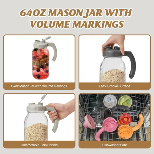 Miniatura 4 de SOLIGT Jarra Mason de Vidrio con Tapa, Boca Ancha con Tapa Abatible y Pico Vertedor, Tapa a Prueba de Fugas con Asa, 64 oz