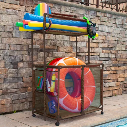 Miniatura 4 de Soporte organizador de equipo de almacenamiento para piscina, fideos, juguetes, bolas y flotadores, cubo de malla de doble piso, grande con estante