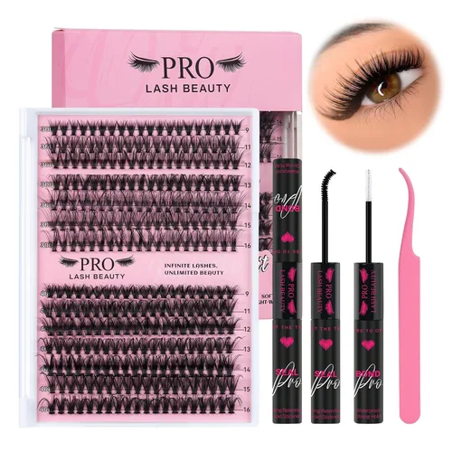 Kit de Racimos de Pestañas 280 Piezas Pestañas en Racimo 30D+40D Kit de Extensión de Pestañas con Adhesivo y Sellador de Pestañas Resistente al Agua