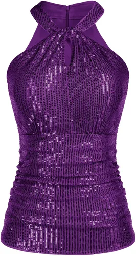 GRACE KARIN Camisetas de lentejuelas para mujer, elegantes camisetas halter con brillos, para fiesta, club, cóctel, ajustadas, fruncidas