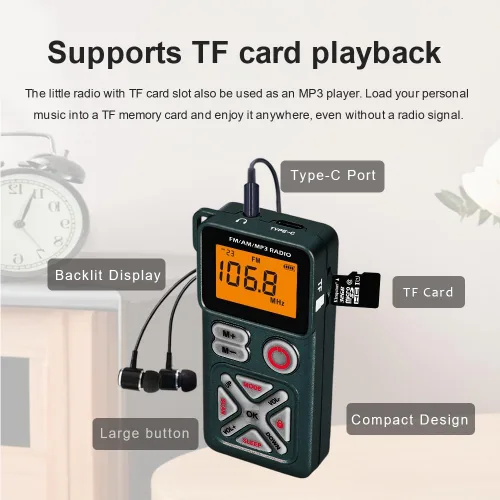 Miniatura 3 de Pocket am FM Radio portátil con auriculares estéreo, mini transistor, sintonización digital con excelente recepción, ranura TF, funciona con batería