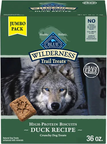 Blue Buffalo Wilderness Trail Treats - Galletas crujientes para perros, sin granos, con alto contenido de proteínas, receta de pato, caja de 36 onzas