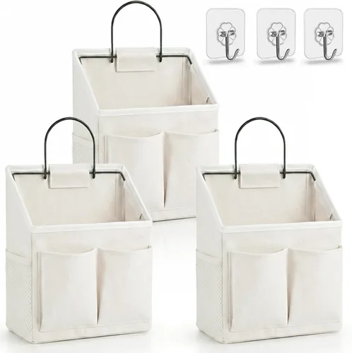 Kanrichu - 3 piezas de bolsa organizadora pequeña para colgar en la pared, cesta de almacenamiento colgante de tela de lino con bolsillos, Blanco-S