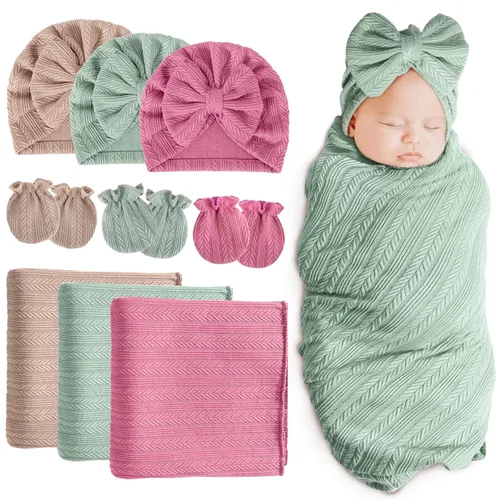 Miniatura 24 de DRESHOW BQUBO Manta para Recién Nacido con Sombrero de Moño y Guantes de Algodón, Manta de Envoltorio para Bebé Cálido, Saco de Dormir para Bebé