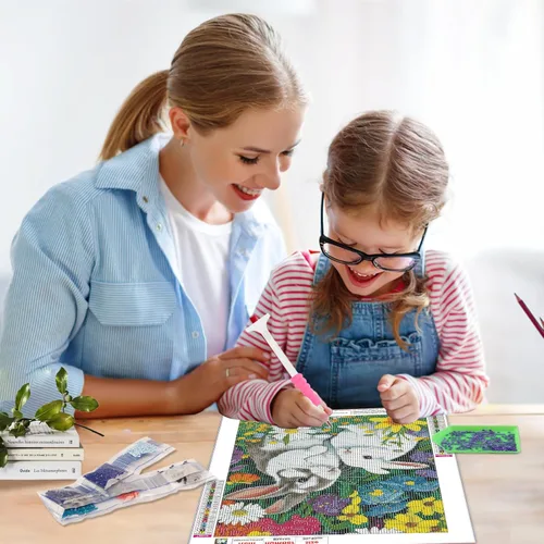 Miniatura 4 de SENQAO Kit de pintura de diamante de conejo, kit de pintura de diamantes de flores 5D, arte de diamantes de taladro completo para adultos y niños