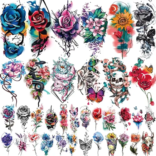 Miniatura 12 de 77 hojas de tatuajes temporales, tatuajes falsos realistas de medio brazo de león, lobo, búho, alce, serpiente, mariposa, rosa para niñas y niños