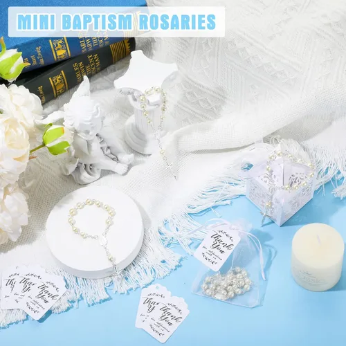 Miniatura 5 de MTLEE El juego de 100 piezas de recuerdos de bautismo incluye mini rosario, cajas de recuerdos de bautismo, bolsas de organza blanca con cordón