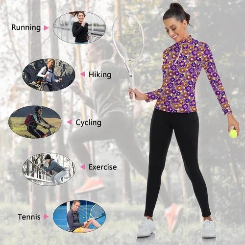 Miniatura 105 de WOWENY Camiseta deportiva de manga larga para mujer, con cremallera de un cuarto, cuello para entrenamiento, camiseta de tenis con estampado