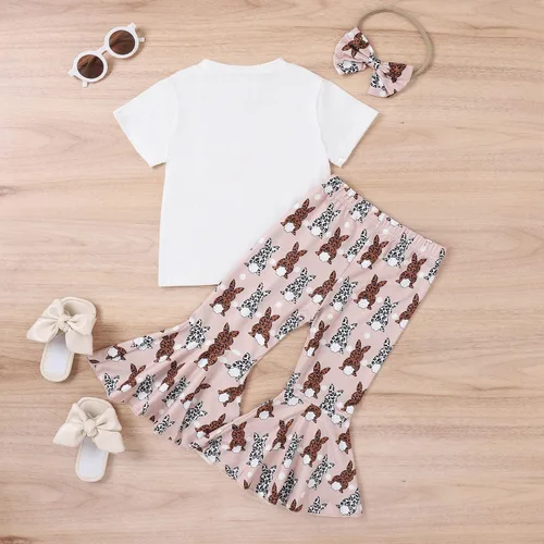 Miniatura 6 de 3pc Toddler Girls Kids Easter Cartoon Rabbit Printed Pullover Tops Spring Flared Pants Infant Stylish Headband