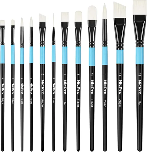 Nicpro 12PCS Artist Paint Brush Set, Firm Synthetic Bristle Paint Brushes for Acrylic Painting & Oil, Flat Round Filbert Angle Bright Liner Brushes