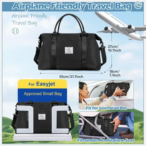 Miniatura 3 de Pequeña bolsa de gimnasio negra para mujer, elegante bolsa de viaje para avión, bolsa de lona ligera para mujeres y hombres, bolsa