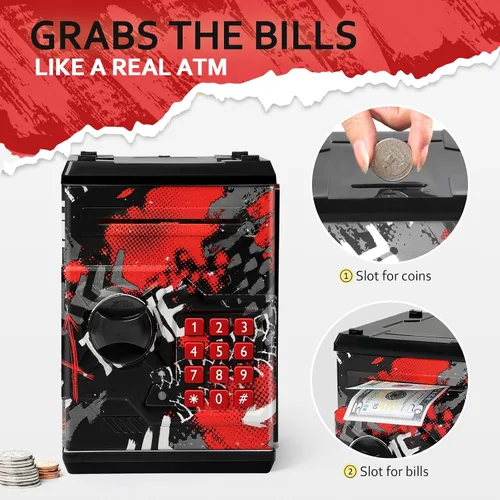 Miniatura 6 de Alcancía de cajero automático para niños y niñas, Vcertcpl - Mini alcancía de monedas con contraseña, caja de ahorro con agarre automático