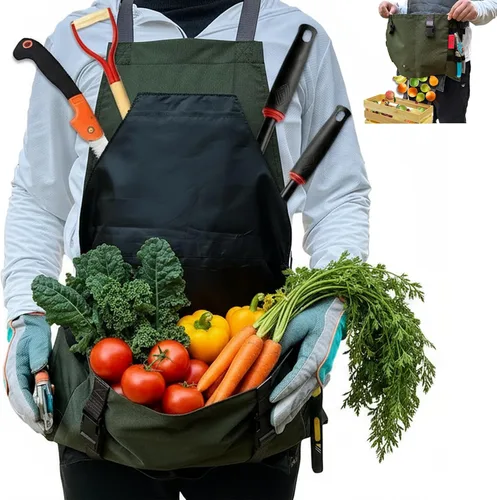 Delantal de jardinería impermeable con espalda cruzada, delantal extra 600D resistente para cosecha y grandes bolsillos de liberación rápida Verde