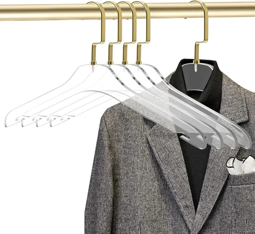Miniatura 3 de Perchas de acrílico transparente de calidad, paquete de 5, elegante colgador con ganchos dorados, organizador de armario que ahorra espacio