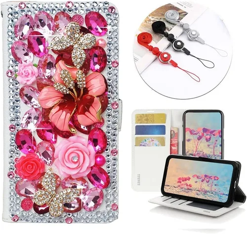 Miniatura 2 de Bling - Funda tipo cartera para teléfono compatible con Samsung Galaxy S22 Ultra, elegante, funda de piel 3D hecha a mano con flores florales y Rosa
