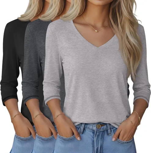 Miniatura 48 de Ficerd Paquete de 3 camisetas de manga 3/4 para mujer, cuello en V, blusas holgadas, blusas casuales, ropa de moda 2026