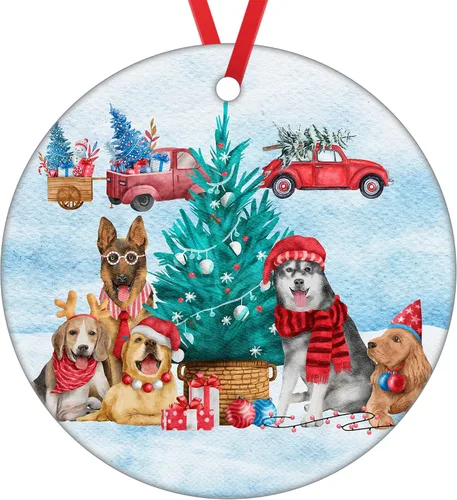 Adorno de Navidad de familia de cinco, adorno de Beagle, adorno de Navidad de pastor alemán, adorno colgante de perdiguero dorado, adorno de