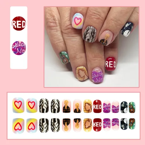 Miniatura 2 de Uñas cortas a presión con diseños, uñas postizas cuadradas con patrón de cantante, uñas acrílicas brillantes, uñas postizas con diseños, las mejores